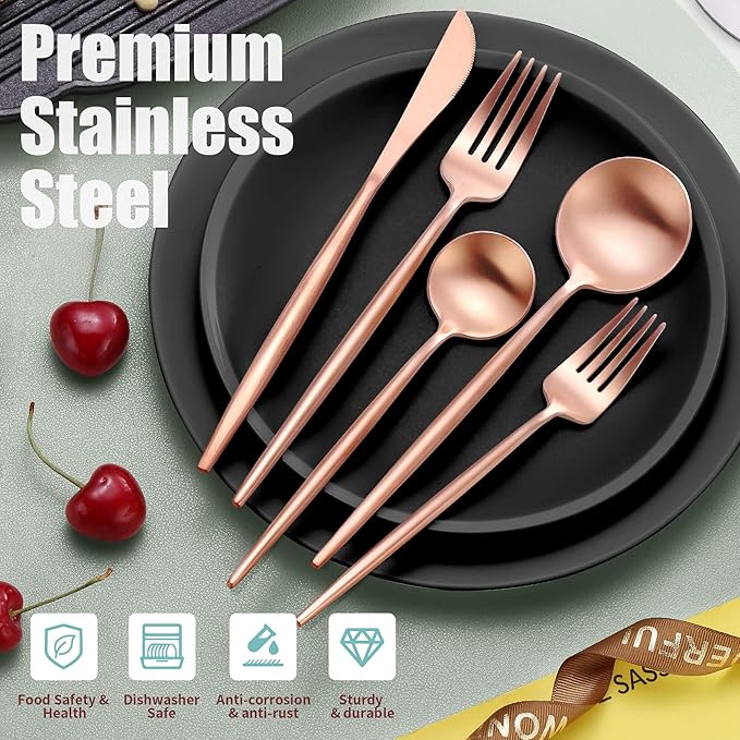 Lemeya Matte Rose Gold Silverware Set for 6,Modern Stainless Steel Brushed Cutlery Set,30-Pieces Heavy Duty Flatware Set,Knives Spoons and Forks Set Utensils Set, Satin Finish, Dishwasher Safe