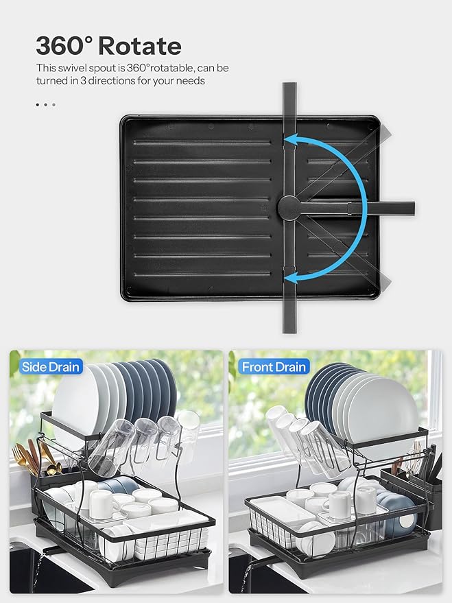 Dish Drying Rack, 2 Tier Dish Drainer with Removable Utensil Holder and Swivel, Durable High Carbon Steel Material, Larger Capacity, Easy Installation, Black