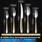 Lemeya 40-Piece Hammered Silver Gold Silverware Set for 8 with Serrated Forging Knives,18/10 Stainless Steel Modern Flatware Set,Unique Cutlery Set Spoons and Forks Set,Mirror Polished,Dishwasher Safe