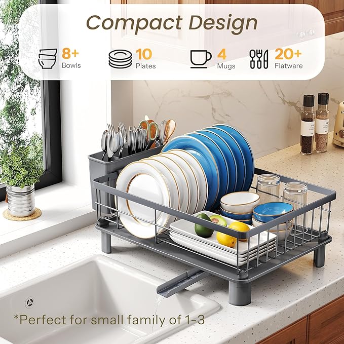 Dish Drying Rack - Small Dish Rack for Kitchen Counter, Stainless Steel Dish Drainer with Utensil Holder and Drainboard (Grey)
