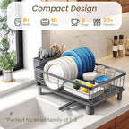 Dish Drying Rack - Small Dish Rack for Kitchen Counter, Stainless Steel Dish Drainer with Utensil Holder and Drainboard (Grey)