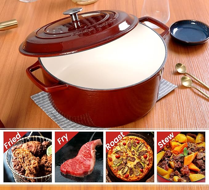 Enameled Cast Iron Dutch Oven Pot With Lid, Dutch Oven for Sourdough Bread Baking Round Pot Dule Handle, 6 Quart, Wine Red