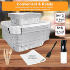 35 Pack 9×13 Disposable Aluminum Pans with Lids(25pc) & 8×8 Aluminum Foil Pans(10pc),Tin Foil Pans Kit Comes with Baking Parchment and Oil Sprayer.