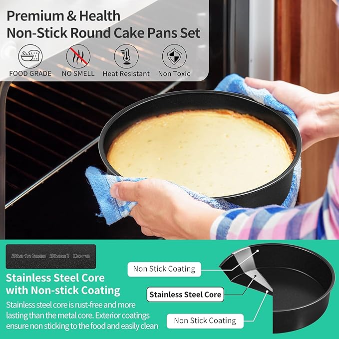 P&P CHEF Non-stick Cake Pan Set of 2, 9.5 Inch Round Baking Cake Pans Tins for Tier Smash Cakes, Non-Toxic & Solid, Stainless Steel Core & Leak-Proof, 2Pcs
