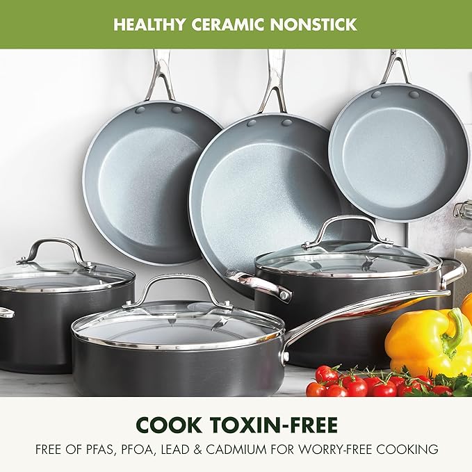 GreenPan 11 Piece Valencia Pro Ceramic Nonstick Cookware Set, PFAS-Free, Induction Ready, Hard Anodized Pots & Pans with Lids, Compatible on All Cooktops, Dishwasher & Oven Safe, Gray