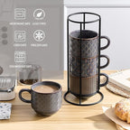 JIEMEI HOME Large Ceramic Coffee Mug Set of 4 with Stand, 15 Oz Stackable Embossment Ribbed Latte Cup Set for Cappuccino, Latte, Tea, Hot Cocoa, Drinks - Dishwasher & Microwave Safe, Dark Purple