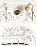 QIYI Placemats Set of 6, 12x18 Inch PU Leather Place Mats for Kitchen Dinning, Heat Resistant Anti Slip Floral Table Mats, Waterproof Wipeable Washable Placemat Party Beige Table Décor, Pink Flowers
