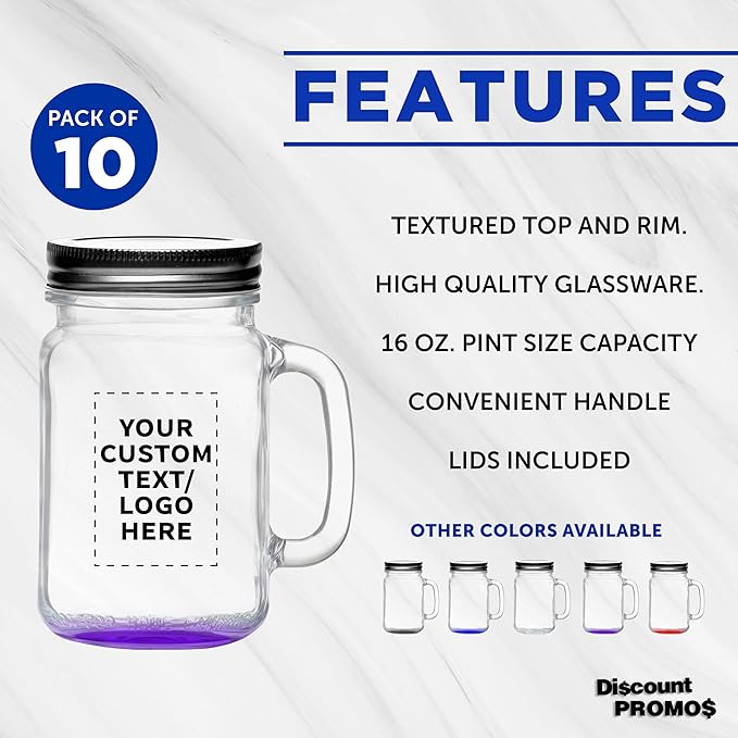 DISCOUNT PROMOS Custom Libbey Handle Mason Jars w/Lids 16 oz. Set of 10, Personalized Bulk Pack - Traditional style, High standard - Purple
