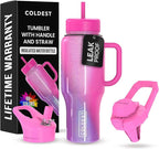 Coldest Tumbler with Handle and Straw, 100% Leak Proof Insulated Tumbler with Lid and Straw (3 Lids), Stainless Steel Tumblers for Women & Men, Cup Holder Friendly, 36 oz (Mulberry Dream)