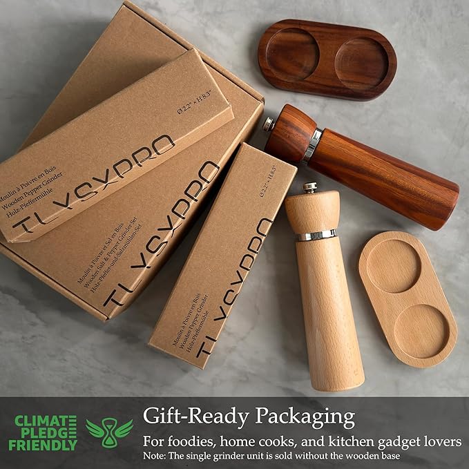 Wooden Salt and Pepper Grinder Set – Refillable Salt and Pepper Mill with Adjustable Upgraded Large Size Ceramic Burr – Manual Pepper Grinder with Beech Wood Body – 8.3” Tall