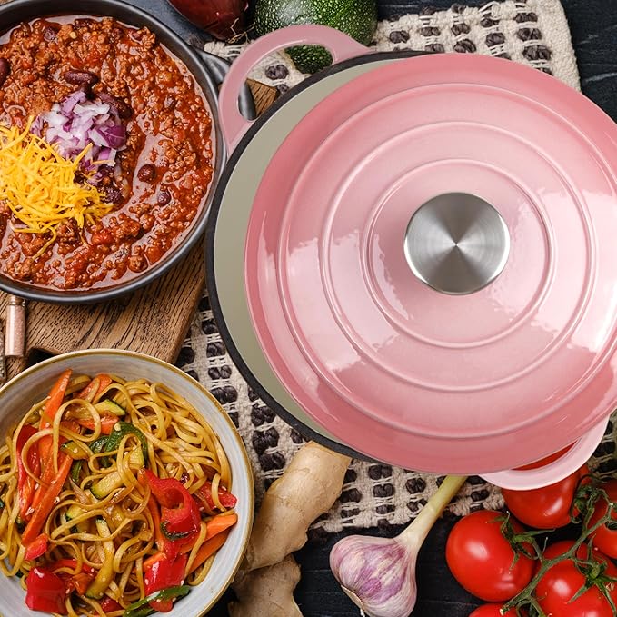 6 Quart Dutch Oven Enameled Cast Iron with Lid - Big Dual Handles - Oven Safe up to 500°F - Classic Round Pot for Versatile Cooking (Pink, 6 QT)