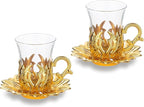 Alisveristime (Set of 2 Turkish Tea Set with Zamac Holders, Glass Cups, and Saucers – Ahsen Ottoman Design, 100ml Capacity, Available in Gold or Silver Color (Gold)