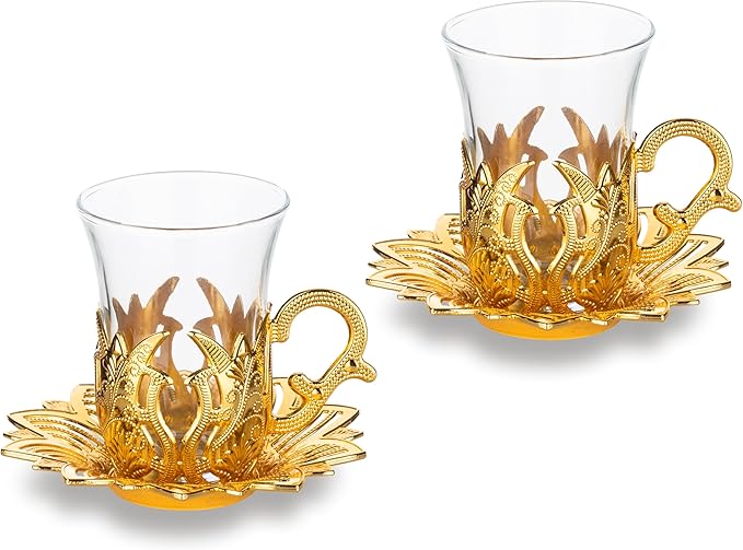Alisveristime (Set of 2 Turkish Tea Set with Zamac Holders, Glass Cups, and Saucers – Ahsen Ottoman Design, 100ml Capacity, Available in Gold or Silver Color (Gold)