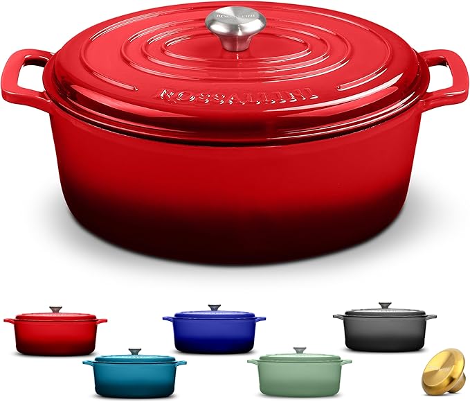 Signature Enameled Cast Iron Oval Dutch Oven | Non-Stick Serving Pot with Tight Fitting Lid for Perfect Roasting, Baking, Sauteing, and Bread Making | 9.5Q [Red]