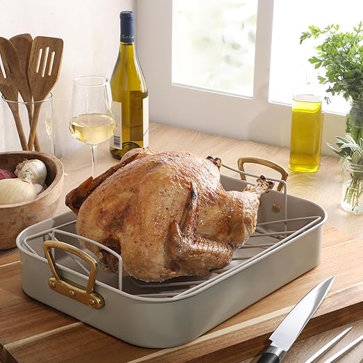 Gibson Home Broxton 2-Piece Nonstick Roaster Pan with Rack – 16 x 12 Inch Mint Green Turkey Roasting Pan with Cast Aluminum Gold Handles – Oven-Safe, Easy-Clean, Holiday Cookware