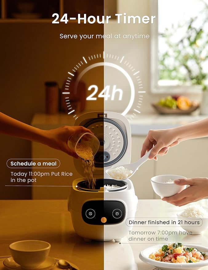 COMFEE' Mini Rice Cooker 4 Cups Cooked/2 Cups Uncooked, Portable Non-Stick rice maker, 24 hours Timer Delay, 6 Functions, Fast Cooker, Brown Rice, Oatmeal, White