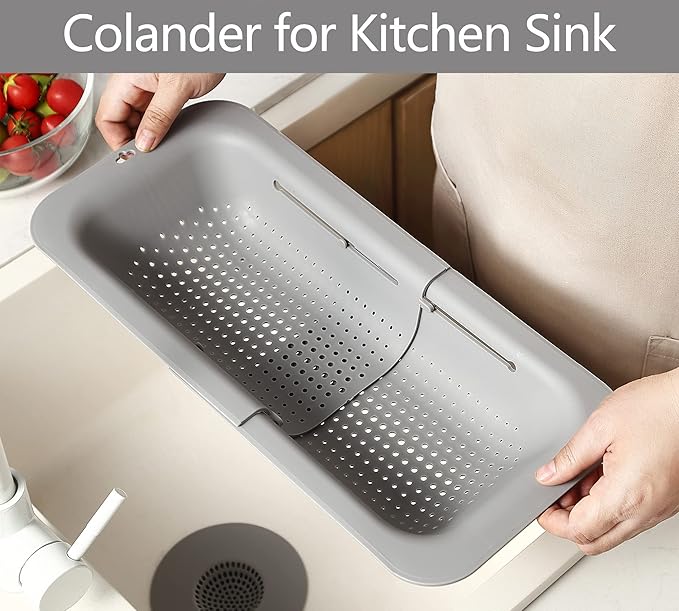 Adjustable Over the Sink Colander Strainer, Silicone Clip On Strainer for Pots Strainers and Colanders Plastic Drainer Basket for Food Pasta Vegetables Kitchen, Extendable 14.5"-19.5", Black