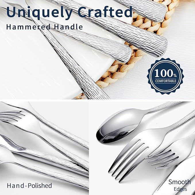 20-Piece Hammered Silverware Set, Food-Grade Stainless Steel Spoons and Forks Set, Heavy Duty Flatware Cutlery Set with Ripple Handles Design, Mirror Polished,Dishwasher Safe