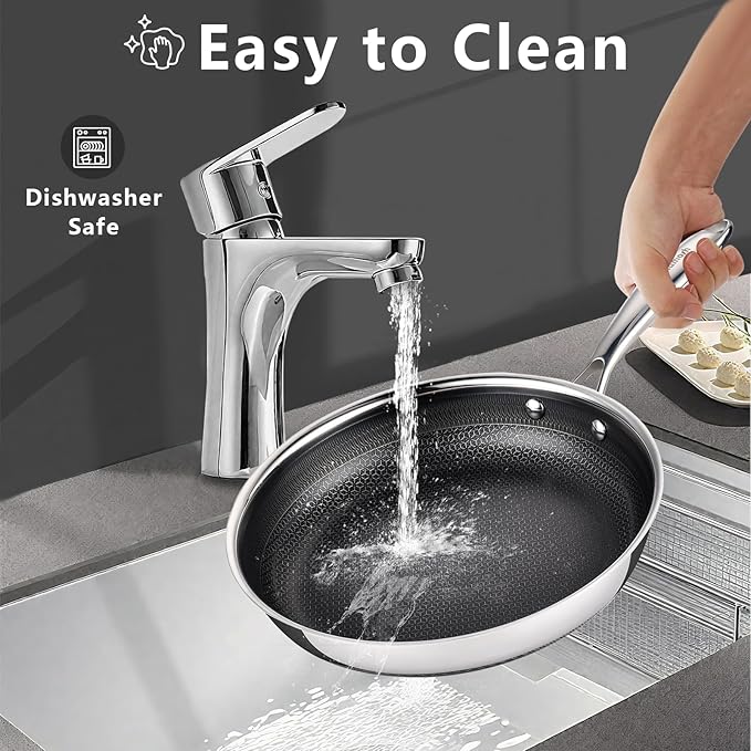 9.5" Non Stick Frying Pans, Stainless Steel Pan, Ceramic Skillet with Stay-Cool Handle, Non Toxic, PFAS PFOA PTFE Free, Dishwasher Safe, Induction, Compatible with All Cooktops