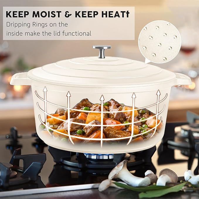 Large Dutch Oven Pot with Lid-7.5QT Cast Aluminum Oven Pot with Two Handles Lightweight for Bread Baking Braising and Roasting(Beige)