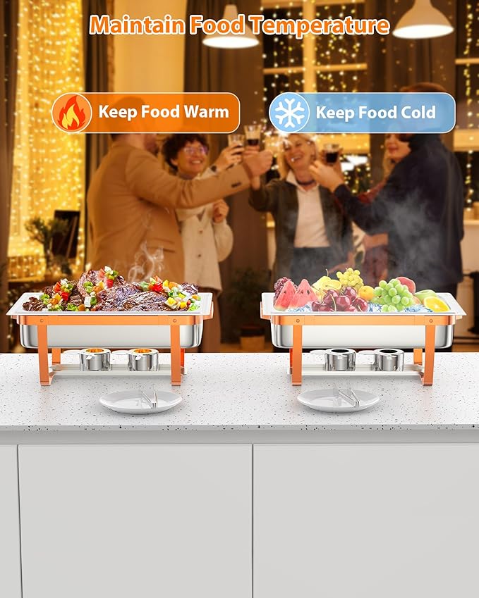 Chafing Dish Buffet Set, 8QT 2 Pack, Rectangle Chafing Dishes for Buffet w/Lid Holder, Stainless Steel Chafer Food Warmers Servers for Kitchen Party Banquet Dining, Rose Gold
