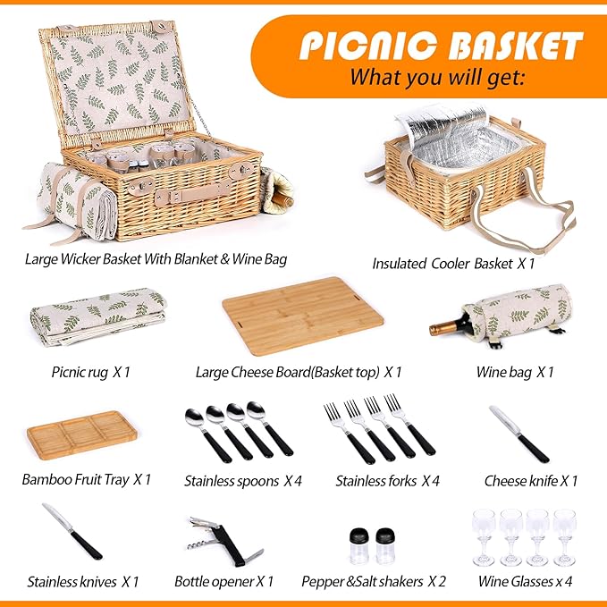 Hap Tim Dual Wicker Picnic Basket Set with Blanket Charcuterie Boards for 2/4/6 - Unique Gifts Ideas for Couple, Engagement, Wedding, Bridal Shower, Family, Christmas - White Elephant Gifts for Adults