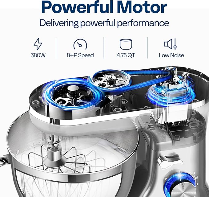 VIVOHOME 4.75 Quart Stand Mixer, 8 Speed Kitchen Electric Food Mixer, Household Stand Mixer for Baking, Cake, Bread with Beater, Dough Hook, Wire Whip and Egg Separator, Silver