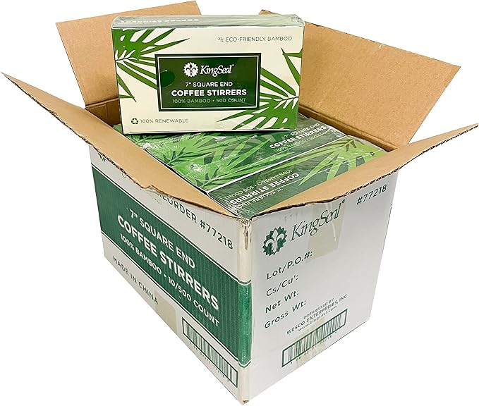 500 Count | KingSeal Bamboo Wood Coffee Stirrers, Square End, 7 inch Length, 100% Renewable and Biodegradable - 1 Box of 500