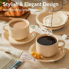 Sweese 8oz Porcelain Cappuccino Cups Set with Saucers, Metal Stand - Stackable, Durable for Coffee, Latte, Tea - Beige, 4 Pack