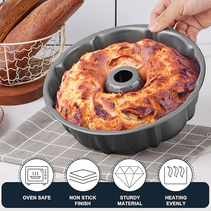 Homikit Cake Pan 10 Inch, 2 Pack Heavy Duty Carbon Steel Fluted Tube Round Pans 10 Cups for Baking Pound Cakes, Jello, Brownie, Monkey Pumpkin Bread, Oven Safe & Easy Release, Gray