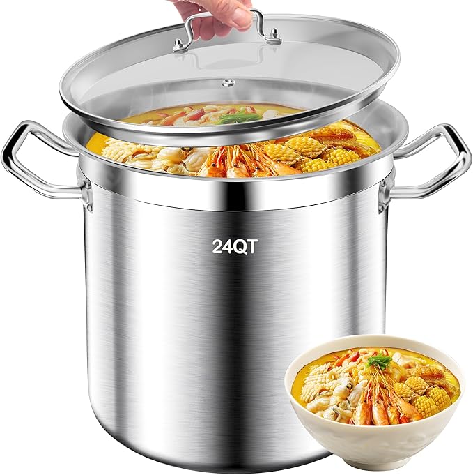 Large Stock Pot - 24QT Stainless Steel Stockpot with Lid, Heavy Duty Tri-Ply Bottom Commercial Grade Soup Pot for Cooking Soup, Stew, Pasta, Oven, Gas, Ceramic, Dishwasher Safe