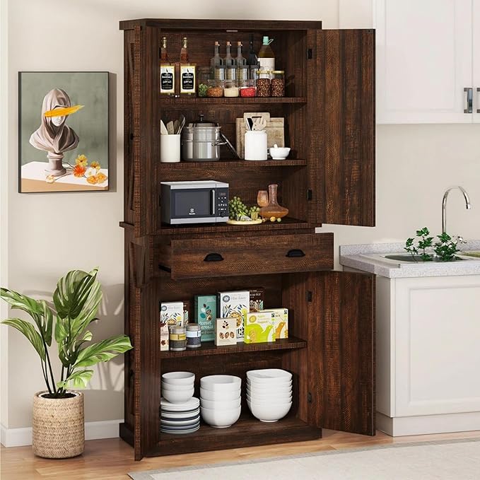 YITAHOME 72'' Tall Kitchen Pantry Cabinets, Farmhouse Storage Cabinets with Barn Doors, Drawer ＆ Adjustable Shelves, Rustic Wood Cupboard for Dining Room, Living Room, Dark Rustic