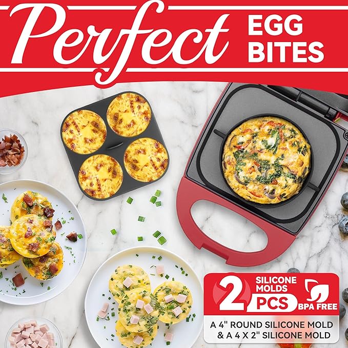 Egg Bite Maker with 2 Silicone Egg Molds for Breakfast Sandwiches, Breakfast Maker, Omelet Pan, Healthy Snacks or Desserts, Red