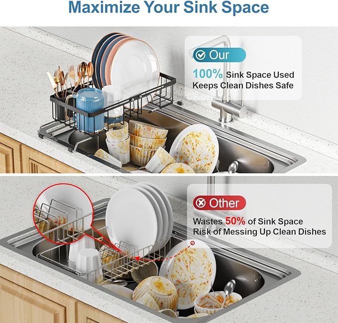 iSPECLE Expandable Small Sink Dish Drying Rack - Adjustable Capacity (13''-16.9''L) and Legs Over The Sink Dish Drainer Drying Rack for Kitchen Sink and Counter, Dish Rack with Utensil Holder, Black
