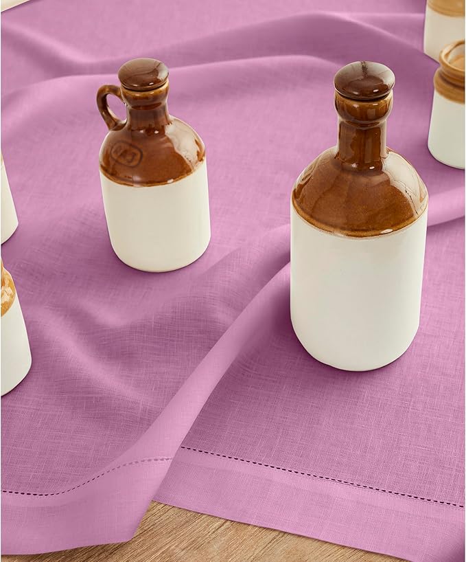 Solino Home Linen Tablecloth 52 x 52 Inch - 100% Pure Linen Violet Square Tablecloth - Classic Hemstitch, Machine Washable Table Throw for Summer, Halloween