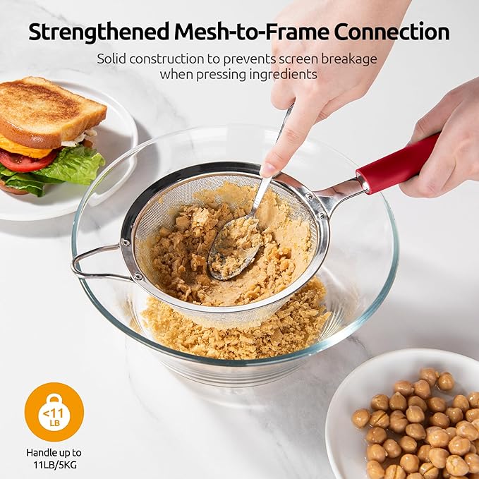 U-Taste Medium Fine Mesh Strainer: 18/8 Stainless Steel 4.73in 30 Mesh Kitchen Food Sieve with Sturdy Riveted Silicone Handle, Heavy Duty Deep Handheld Metal Colander for Rice, Quinoa, Flour (Red)