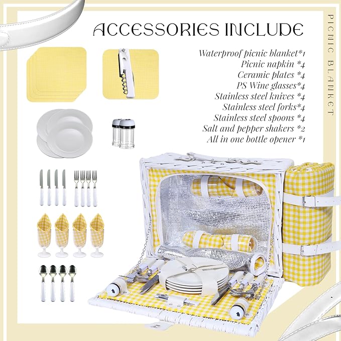 Picnic Basket Set for 4 with Waterproof Blanket Mat Insulation Bag Wicker White Yellow Light Fresh Gifts for Wedding Birthday Summer Camp Outdoor Camping Beach Travel Christmas Thanksgiving