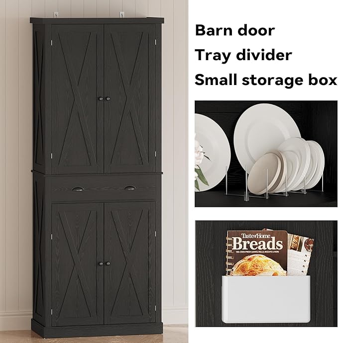 IRONCK Kitchen Pantry Storage Cabinet 83.9" H, with Barn Doors, Drawer, 4 Adjustable Shelves, Freestanding Cupboard for Dining Room Living Room, Laundry, Black