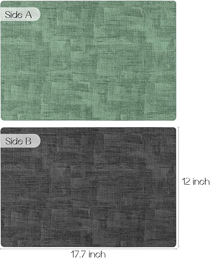 Romanstile Reversible Vinyl Placemats Set of 6, Faux Leather 100% Waterproof Oil-proof Wipeable Place Mats, Heat Resistant Dual Sided Table Mats for Kitchen/Dining/Party (Grey DarkGreen, 12 x 17 Inch)