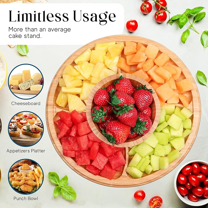 Homeries Bamboo Cake Stand with Lid, Cake Plate, (6 in 1) Multi-Functional Serving Platter, Large Cake Stand with Dome, Cake Display Stand with lid & Cake Dome - Use as Cake Holder, Cake Cover