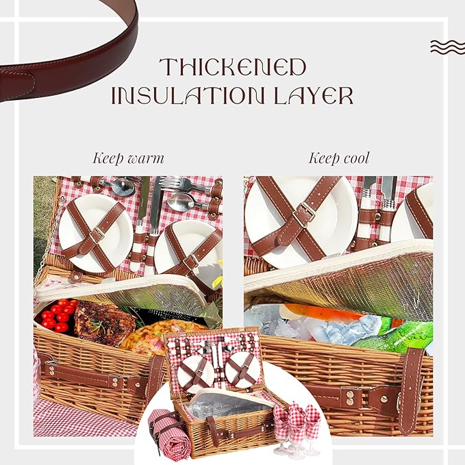 Picnic Basket Set for 4 with Waterproof Blanket Mat Insulation Bag Wicker Red Plaid Classic Vintage Gifts for Wedding Birthday Summer Camp Outdoor Camping Beach Travel Christmas Thanksgiving