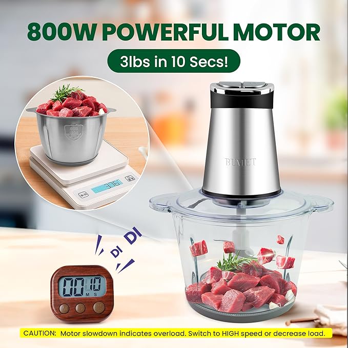 Electric Food Processor Meat Grinder 800W 2x12cups LED Timer Electric Food Chopper Vegetable chopper 3 layers 6 blades for Mincing Puree for home use kitchen aid for pet food,baby food