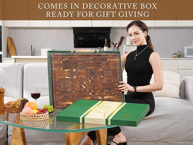 AZRHOM Thick End Grain Acacia Wood Cutting Board 24x18x2 In, Wooden Butcher Block, Chopping Board For Kitchen with Juice Groove Handles Non-Slip Pats (Gift Box)