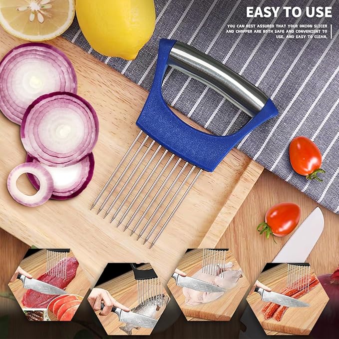 2PCs Stainless Steel Onion Slicer Holder, Onion Cutter Holder for Slicing of Onions,Tomatoes,Avocados,Eggs and Other Vegetables,KItchen Utensils (Blue & Black)