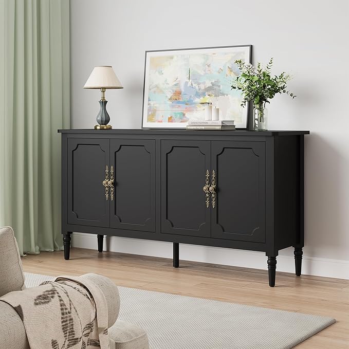 Console Cabinet, 58'' Mid Century Modern Pantry Sideboard, Wood Buffet Cabinet, Media Cabinet with 4 Doors, Accent Cabinet for Entryway, Living Room, Dining Room (Black)