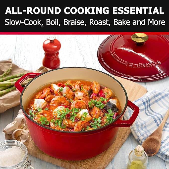 MÜELLERHOME 4.5 QT Enameled Cast Iron Dutch Oven, Heavy-Duty Casserole Dish and Braiser Pan with Lid and Stainless Knob, Oven-Safe up to 500° F & Across All Cooktops, Red