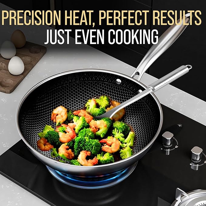 Woks & Stir-Fry Pans Nonstick 11" Stainless Steel Wok Pan with Lid | Tri-Ply Honeycomb Hybrid Stir Fry Pan | Induction & Oven Safe | Dishwasher Safe