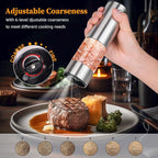 【LARGE CAPACITY】Electric salt and pepper grinder set with Storage Base：USB Rechargeable，Stainless Steel Body Automatic Pepper Mills with Adjustable Coarseness (Stainless Steel Set)