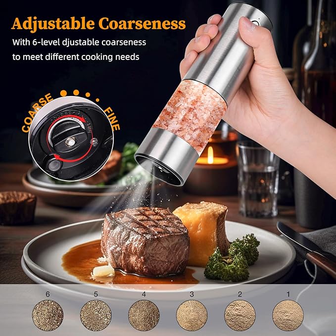 【LARGE CAPACITY】Electric salt and pepper grinder set with Storage Base：USB Rechargeable，Stainless Steel Body Automatic Pepper Mills with Adjustable Coarseness (Stainless Steel Set)