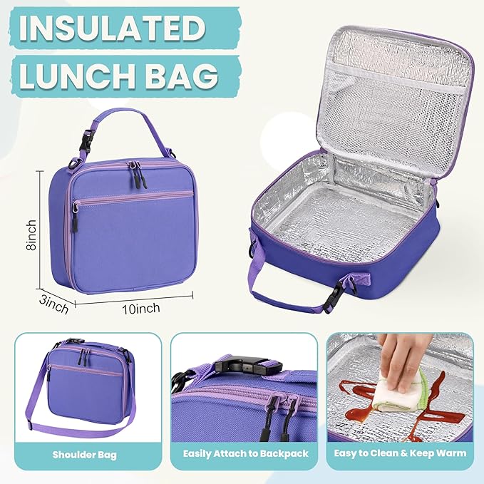 Kids Lunch Bento Box with Thermo Ice Pack Food Container with Insulated Lunch Bag, Insulated Water Bottle with Straw for Girls Boys, Purple
